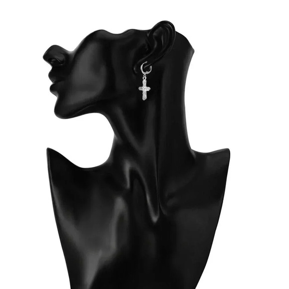 925 Sterling Silver Cross Hoop Drop Earrings - Picture 2 of 3